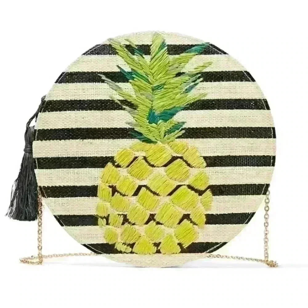 Kayu round straw striped pineapple purse with tassel & chain strap with dust bag
